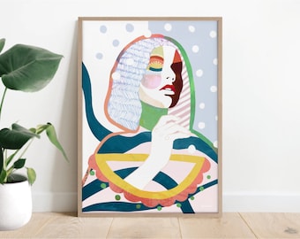 Abstract woman art print, portrait art, figurative print, abstract figure, prints for bedroom, colourful art, modern female painting,
