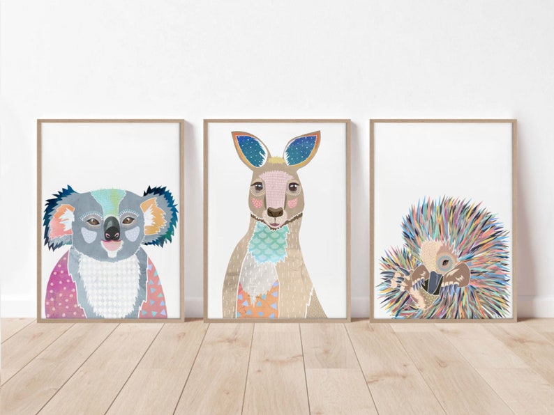 Set of 3 prints, Australian native print set, native animal print, koala print, kangaroo print, echidna print, wall decor, print set image 1