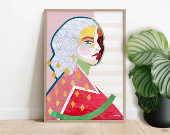 Abstract woman art print, portrait art, figurative print, abstract figure, prints for bedroom, colourful art, modern female painting,