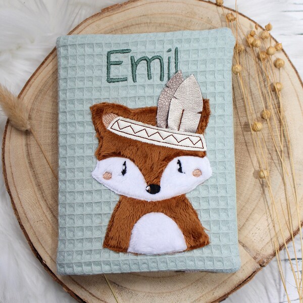 Fotoalbum, Einsteckalbum aus Stoff, Kindergartenalbum, personalisiert, mit Name, Fuchs, Boho Fuchs mit Federn offene Augen