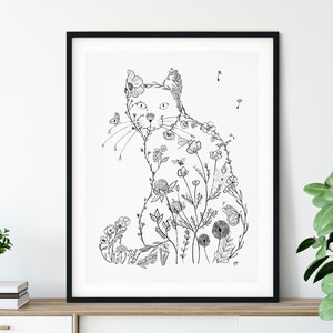 Cat Lover Hand-Drawn Lounge Art Print, Floral Cat Illustration Art Print, Kitten Print, Original Art, Home Décor, Animal Wall Art Picture