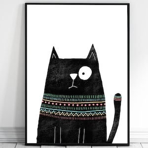 Black Cat Print, Cat Art,  Cat Lover Gift, Home Decor, Cat Print,  Gift for her, Cat Decor, Cat Wall Art, Dorm Decor, Cat Illustration