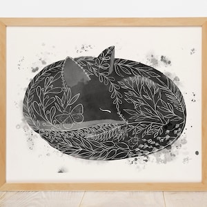 Sleeping Fox Lounge Art Print, Floral Fox Illustration Print, Fox Ink Print, Original Animal Art, Illustration Art Print, Living room Décor
