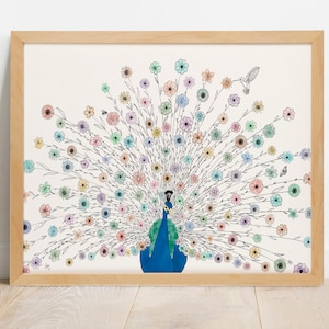 Peacock Hand-Drawn Art Print, Floral Illustration Print, Peacock Picture Poster, Original Wall Art, Animal Art, Illustration Home Décor