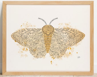 Moth Floral Print, Moth Art, Mustard Moth, Livingroom Art, Home Decor Print, Home Wall Art, Art Prints, Giclee Art, Animal Art Picture