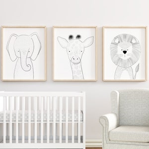 Line Art Safari Nursery Wall Art, Nursery Animal Prints, Nursery Safari, Nursery Safari Prints, Nursery Print Set of 3, Nursery Art Prints