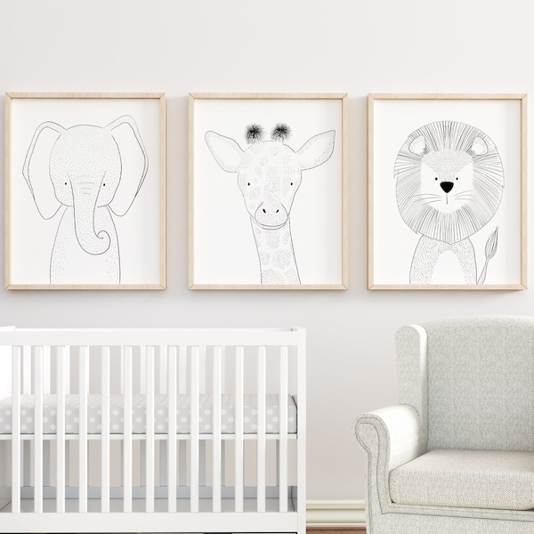 Juego de láminas de animales de safari con arte lineal para guardería, decoración para habitación infantil