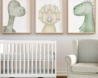 Láminas decorativas de dinosaurios estilo boho para la habitación infantil, juego de 3, decoración neutra para la habitación del bebé.
