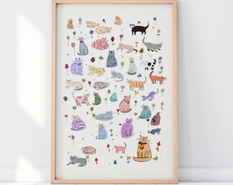 Cats Illustration Wall Art Print, Neutral Boho Vintage Folk Home Decor