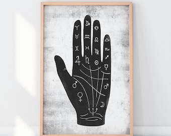 Könnte beinhalten: Schwarz-weiß-Illustration einer Hand mit astrologischen Symbolen und Linien auf der Handfläche. Die Hand ist schwarz umrandet und die Symbole sind weiß. Der Hintergrund ist hellgrau mit einer strukturierten Optik.