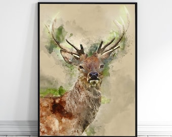 Deer Print, Stag Head, Lounge print, Stag Picture, Deer Head, Stag Wall Art, Deer Art, Animal Watercolours, Watercolor Paintings Pictures