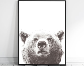 Bear Print, Grizzly Bear Wall Art, Animal Prints, Animal Art, Monochrome Wall Décor, Home Décor, Large Prints, Black and White Art, Bear Art