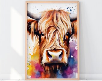 Highland Cow Wall Art, Animal wall Art, Cow Print, Cow Wall Art, Animal Prints, Cow Water Colour, Animal Art Picture Poster