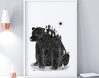 Bear Mountain Whimsical Wall Art Print, Modern Fantasy Surreal Home Decor Artwork