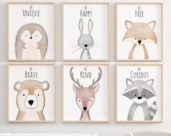 Boho Woodland Nursery Wall Art Prints, Forest Animals Baby Room Decor