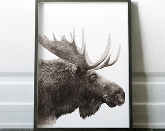 Moose Lounge Wall Art, Animal Prints, Animal Art, Monochrome Wall Home Décor, Black and White Art, Moose Art, Wildlife Art Wall Hangings