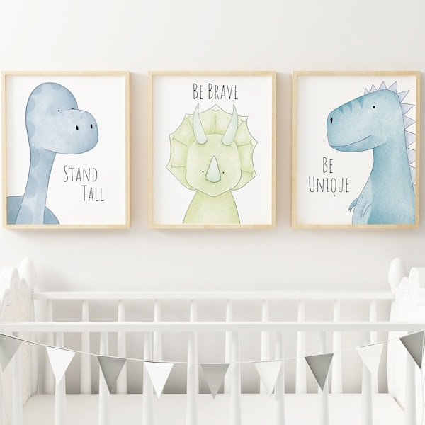 ON SALE!!!! on print process MARKED Blue Dinosaur Nursery Print Set, Dinosaur Décor Wall Art, T-Rex Print, Girls Boys Nursery Picture Poster