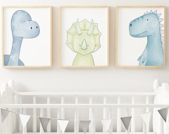 ON SALE!!!! on print process MARKED Blue Dinosaur Nursery Print Set, Dinosaur Décor, Dinosaur Nursery Art, T-Rex Print, Girls Boys Nursery