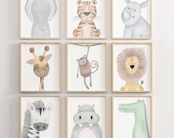 Conjunto de láminas decorativas de estilo bohemio con animales de safari para la habitación del bebé.