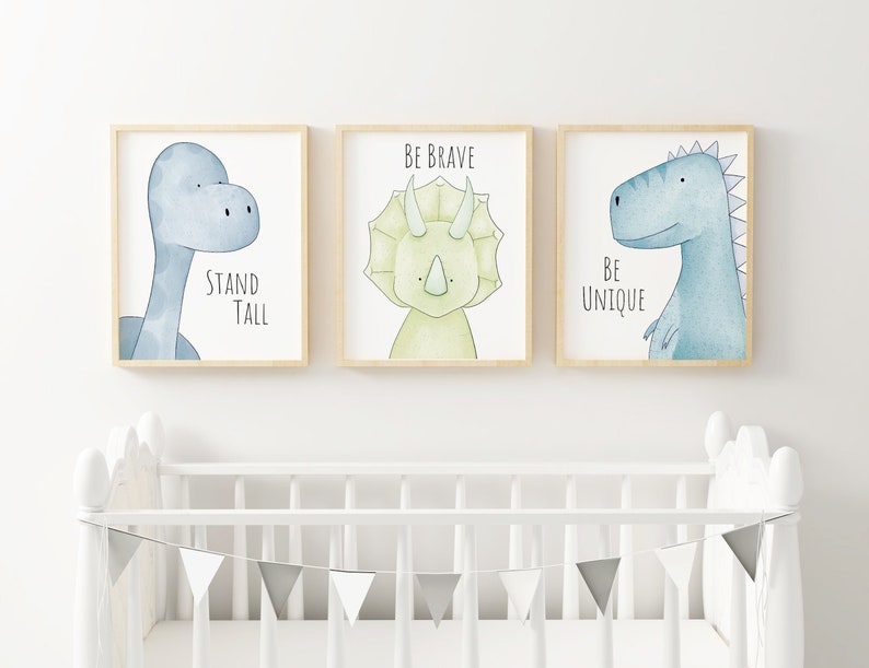 Blue Dinosaur Nursery Art Print Set of 3 image 1