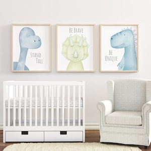 May include: Three framed prints with watercolor illustrations of dinosaurs. The prints feature the text "Stand Tall", "Be Brave", and "Be Unique".