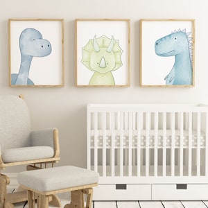 May include: Three framed watercolor illustrations of dinosaurs. The illustrations are in a nursery setting with a rocking chair and a crib.