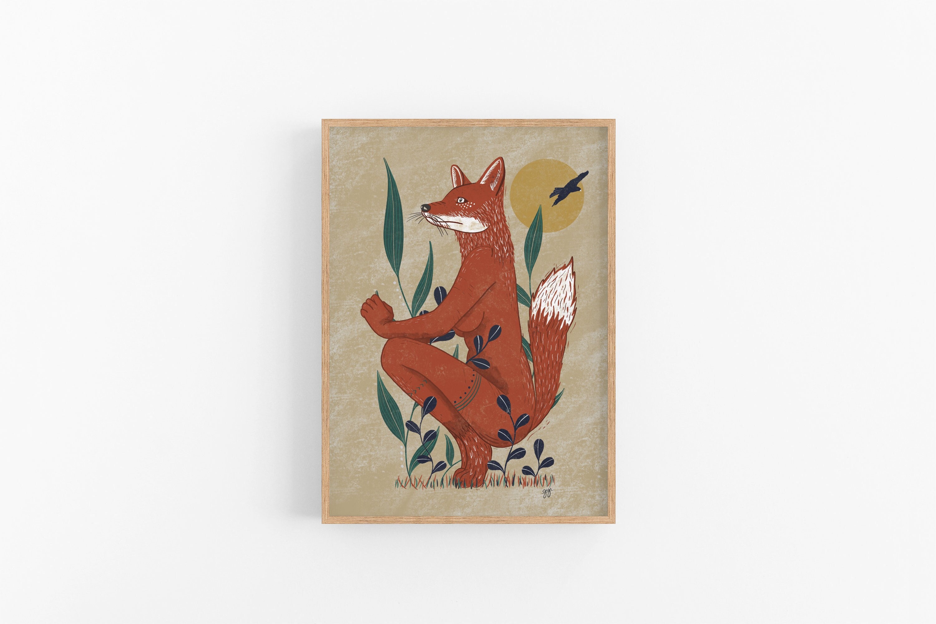 Modern 'Foxy Lady' Contemporary Art Print, Hand-Drawn Fox Illustration Lounge Print, Home Décor Adult Picture, Original Wall Art Poster