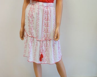 viscose skirt, white red midi skirt, rubber waist, TWINTIP vintage skirt
