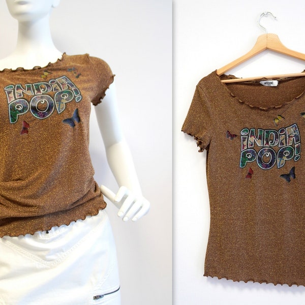 Moschino blouse, moschino tshirt, shiny blouse, shiny tshirt, vintage blouse, brown blouse, size medium, moschino vintage