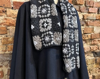 crochet patchwork shawl scarf, vintage black gray vintage handmade patchwork shawl acrylic