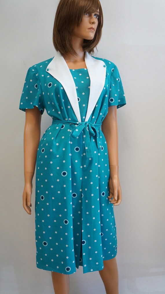 blue polka dot dress vintage retro White collar midi dress size large XL retro dress
