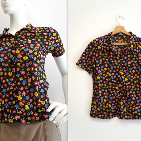 schwarze Vintage-Bluse, Blumenbluse, Vereinigte Farben von Benetton, gemusterte Bluse, Vintage-Bluse, Retro-Bluse, kleine Bluse