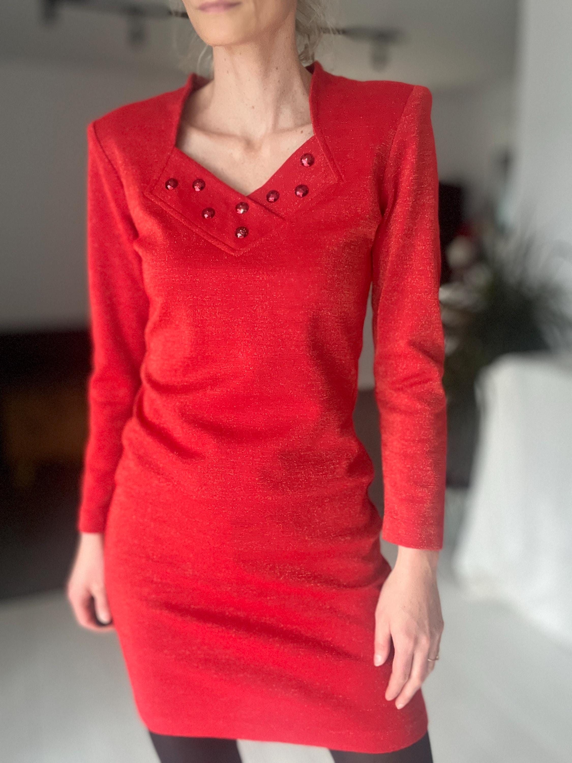vestido brillante de jersey rojo, mini vestido rojo dorado vintage, talla  grande