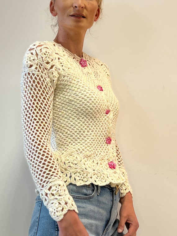 openwork handmade sweater with cute buttons, rose… - image 8