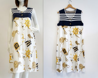 patterned dress, long dress, white gold blue dress, sailor pattern, large size, cotton dress, casual dress, sleveless dress