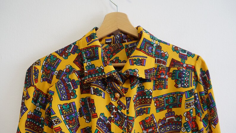 poliester shirt XXL size vintage multicolor shirt blouse yellow shirt