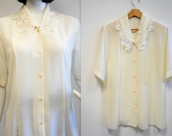 vintage creme blouse, blouse met korte mouwen, witte blouse, vintage blouse, retro blouse, casual blouse, maat medium