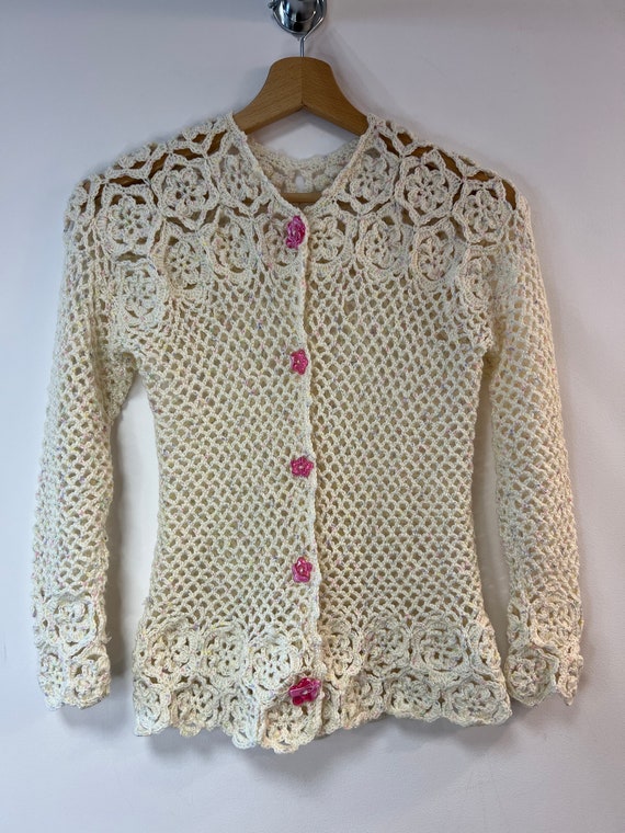 openwork handmade sweater with cute buttons, rose… - image 5
