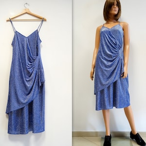 Blue shiny silver draped dress, vintage dress with straps elegant pencil shiny dress, large size