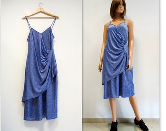 Blue shiny silver draped dress, vintage dress with straps elegant pencil shiny dress, large size