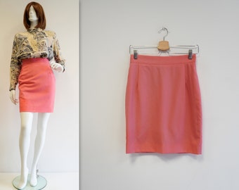 Aria italian wool mini skirt, vintage coral red lana pencil skirt, medium size