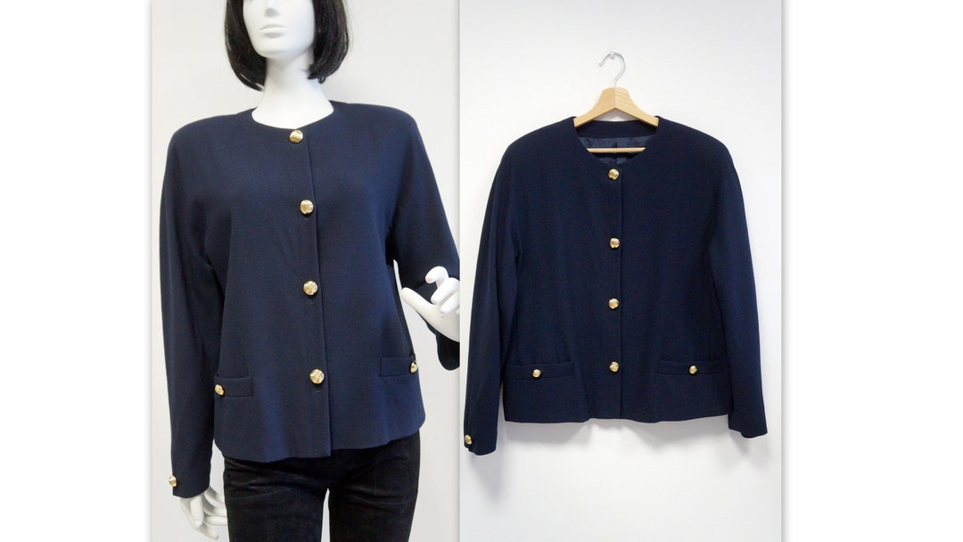 Navy Blue Jacket, Shell-shaped Buttons, Woolen Blazer, Vintage Blazer ...