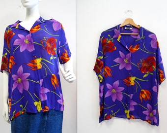 purple floral blouse, floral shirt, vintage floral blouse, vintage floral shirt, viscose blouse, size XL, retro blouse, oversize blouse