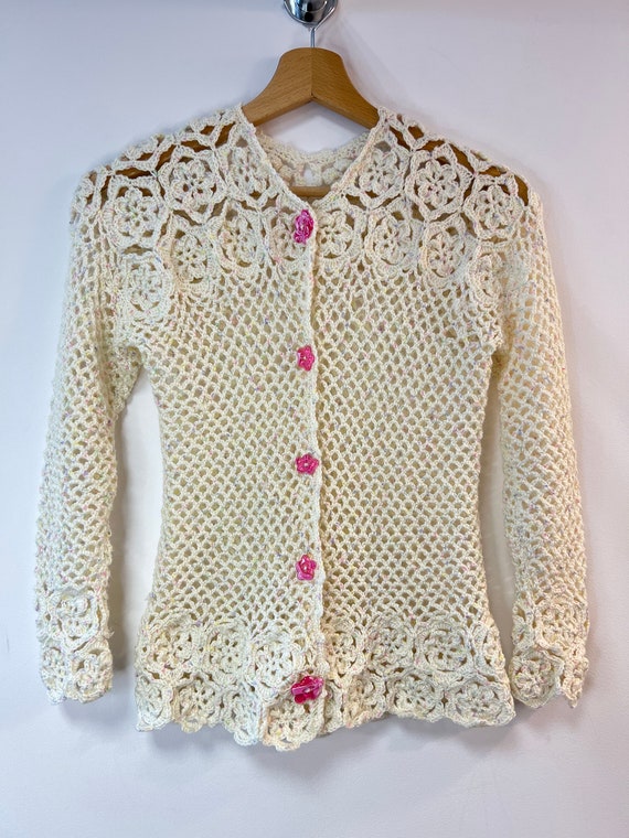 openwork handmade sweater with cute buttons, rose… - image 2