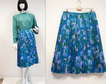 pleated midi skirt, floral pattern skirt, vintage skirt, pleated vintage skirt, size large, blue floral skirt, retro skirt