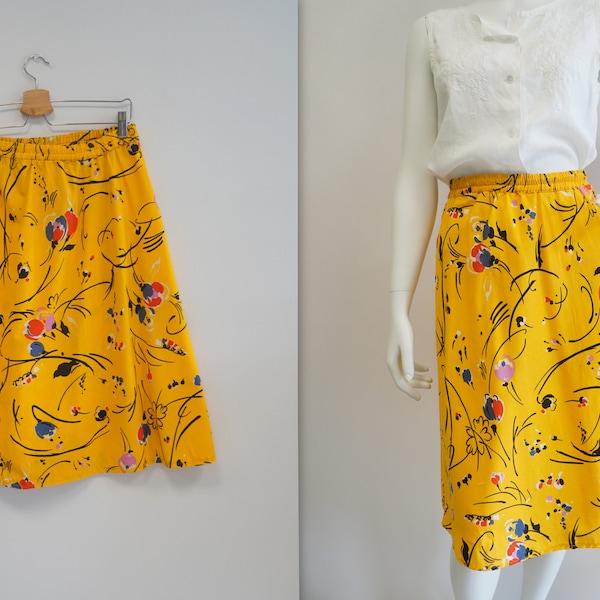 cotton yellow skirt, vintage summer, midi skirt, large size