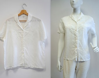 white linen blouse, vintage linen blouse, white blouse, white shirt, summer, vintage, retro, size L, handmade blouse