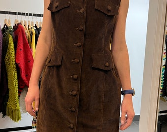robe en velours côtelé mini robe italienne en coton marron, robe italienne streetwear décontractée, taille moyenne