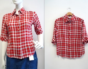 checkered shirt, red and white shirt, checkered blouse, vintage blouse, cowboy shirt, country shirt, country blouse, vintage, medium size