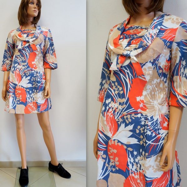 vintage dress retro, floral synthetis 60s dress, big pleated collar dress, large size, Confezioni Contina italian dress